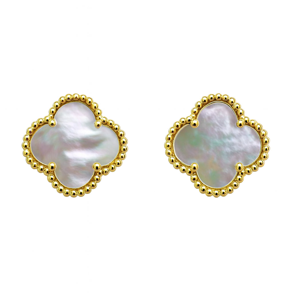 14K Yellow Gold Mother of Pearl Clover Stud Earrings with Gemstone Accents