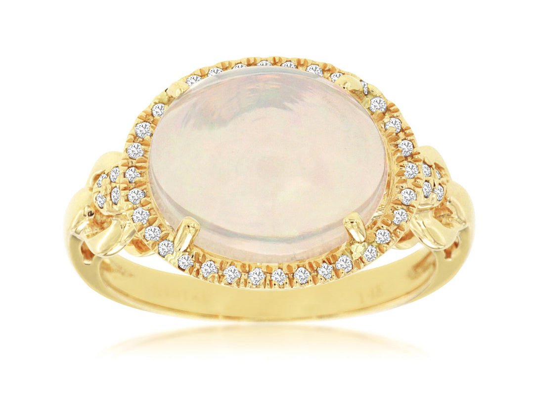 14K Yellow Gold Oval Halo Link Ring with 3.00 Carat Opal