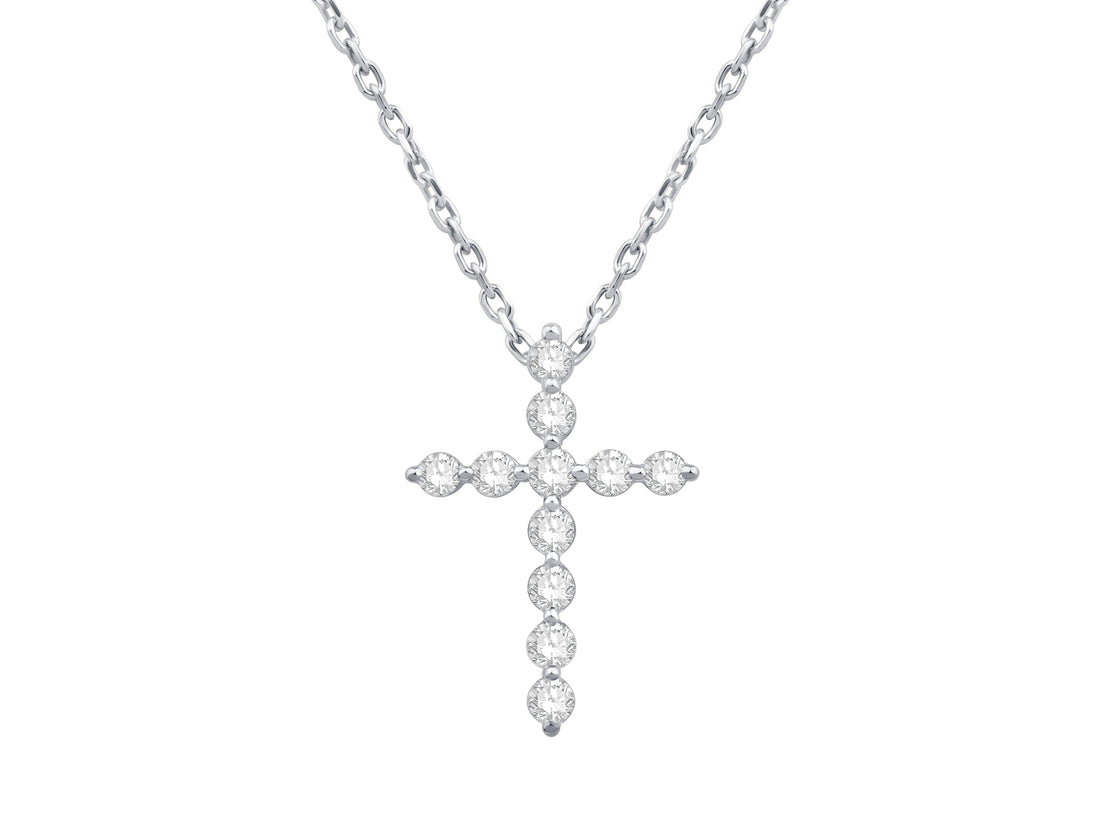 14 Karat White Gold Shared Prong Cross Pendant Necklace with Lab Diamond - Round Shape 0.25 CT