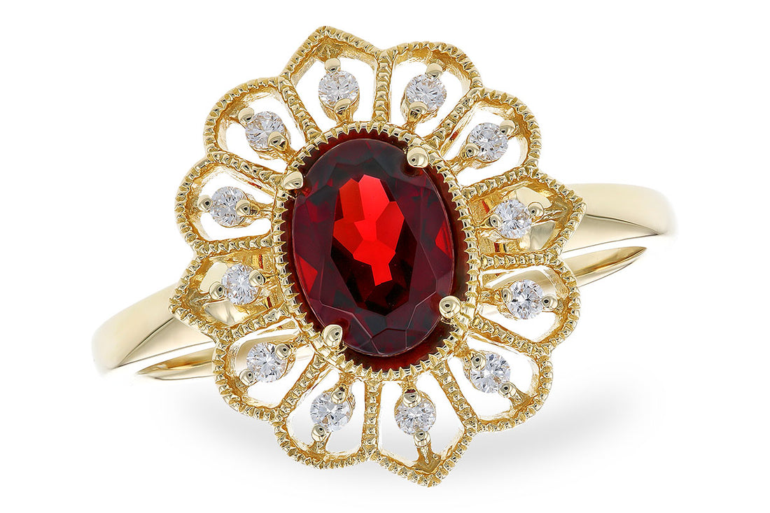 14K Yellow Gold Fancy Halo Garnet Ring - Oval Shape 0.80 Carat