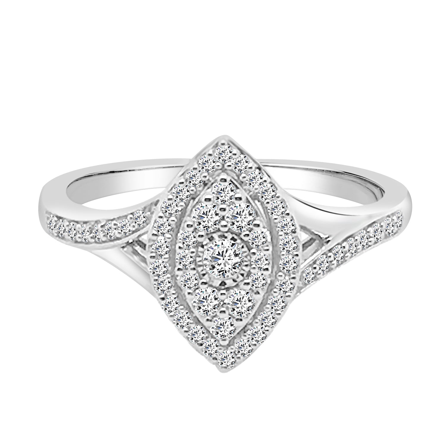 Sparkling Love: Split Shank Cluster Marquise Engagement Ring in 10 Karat White Gold with Natural 0.33 Carat Diamond
