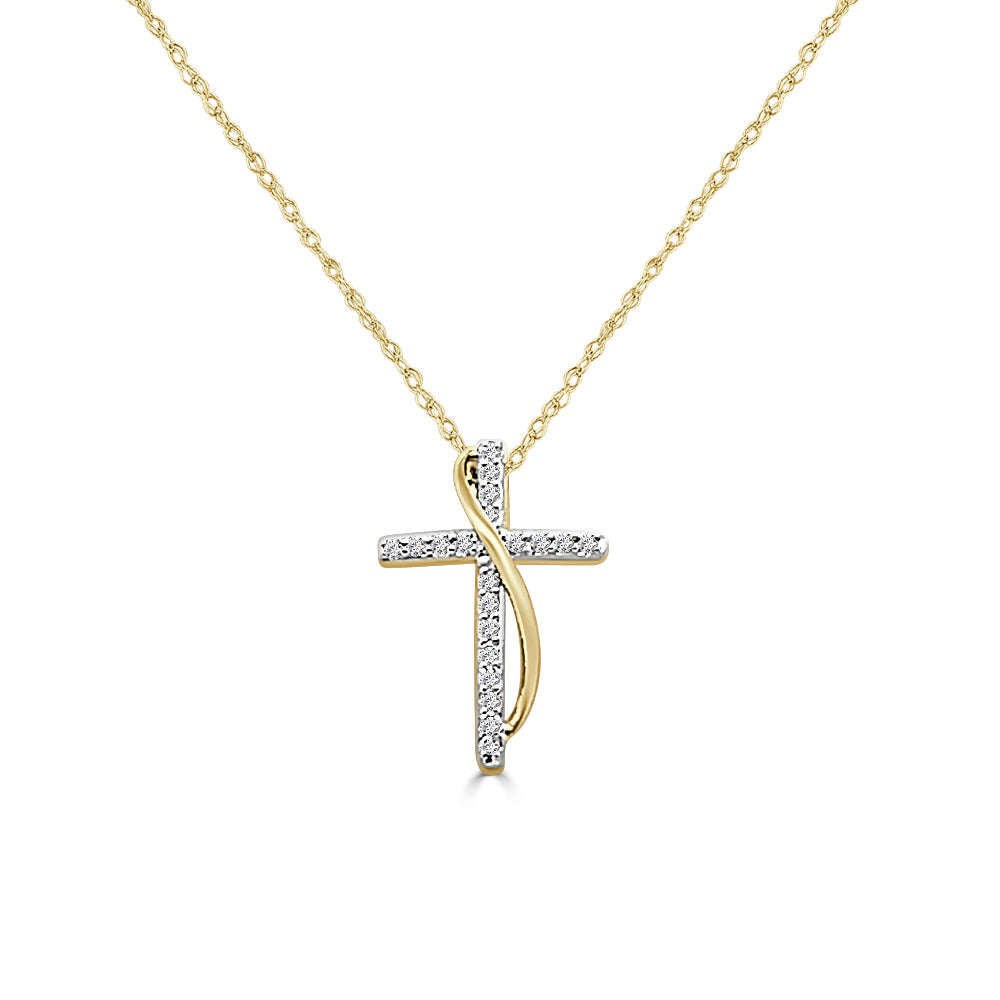10 Karat Yellow Gold Diamond Cross Necklace with Natural Round Shape 0.10 Carat Diamond