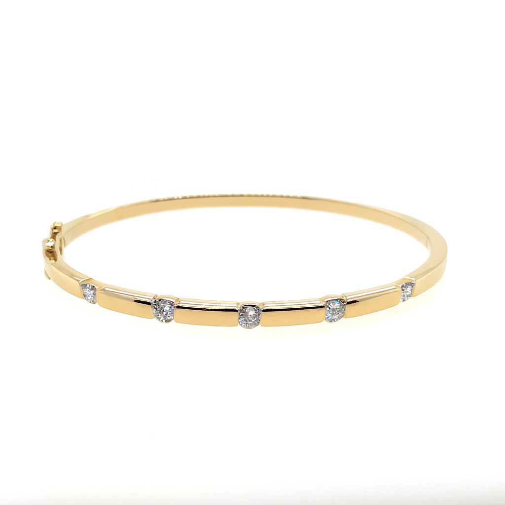 14K Yellow Gold Round Natural Diamond Station Bangle Bracelet - 0.97 ct
