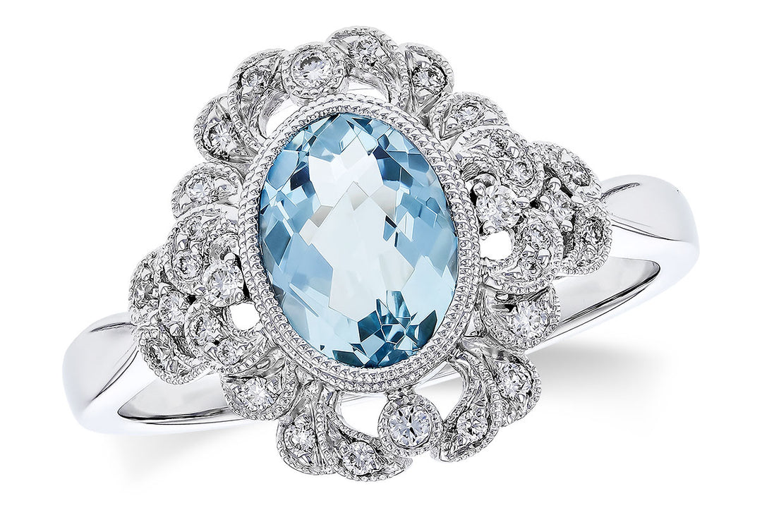 Aquamarine Bezel Set and Milgrain Ring in 14 Karat White Gold