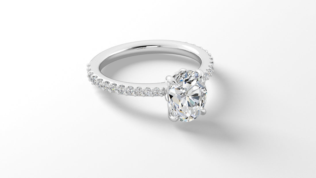 Platinum Oval Engagement Mounting with Diamond Band and Claw Prongs