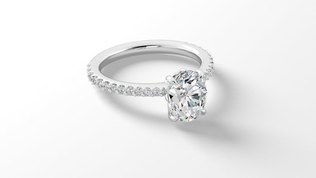 Platinum Oval Engagement Mounting with Diamond Band and Claw Prongs - Oval Shape, 2.50 ct Cubic Zirconia