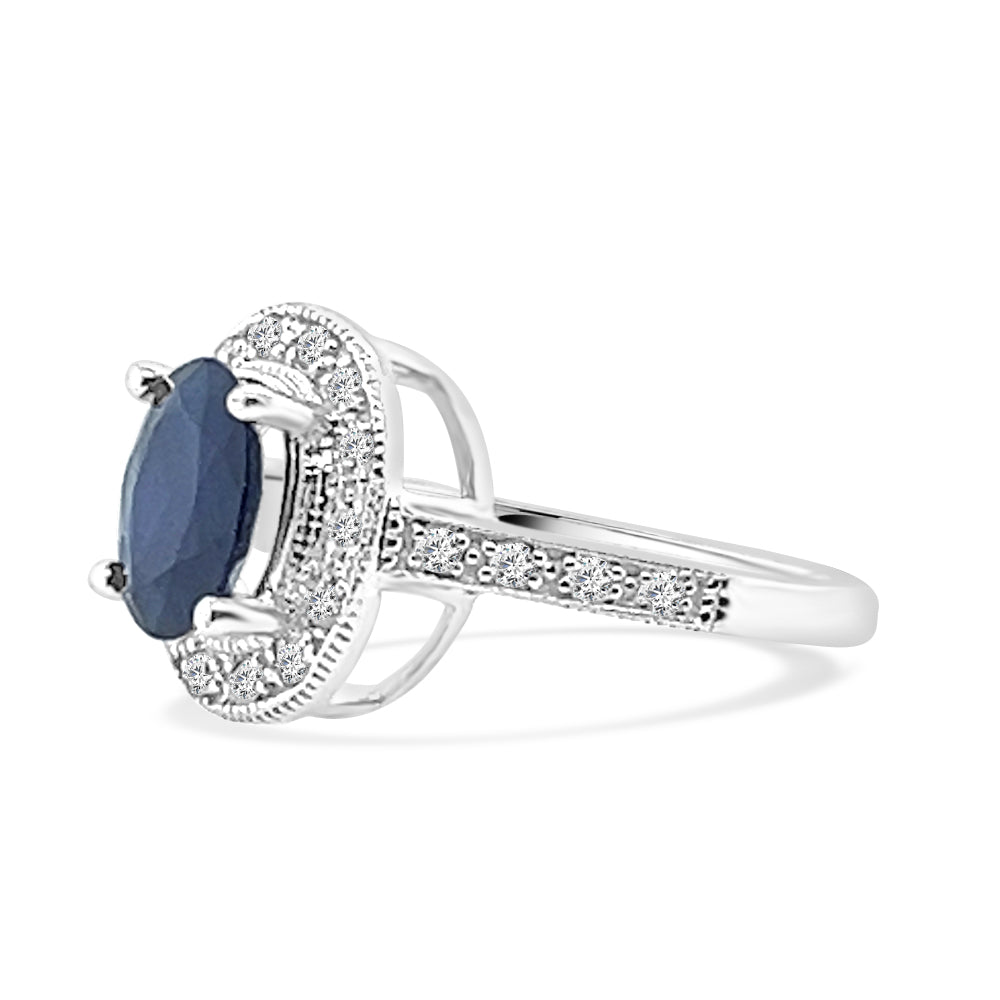 Blue Sapphire and Diamond Oval Ring in 14 Karat White Gold - 2.20 Carat