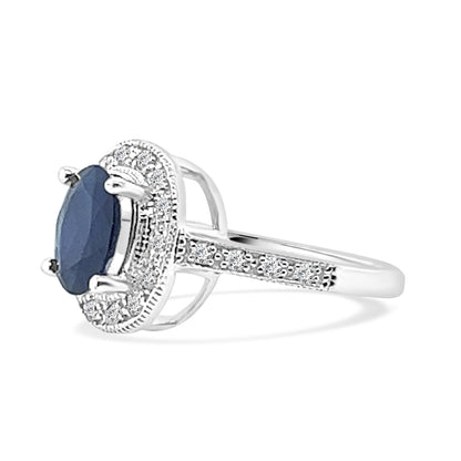 14 Karat White Gold Blue Sapphire and Diamond Oval Shape Ring - 2.20 ct