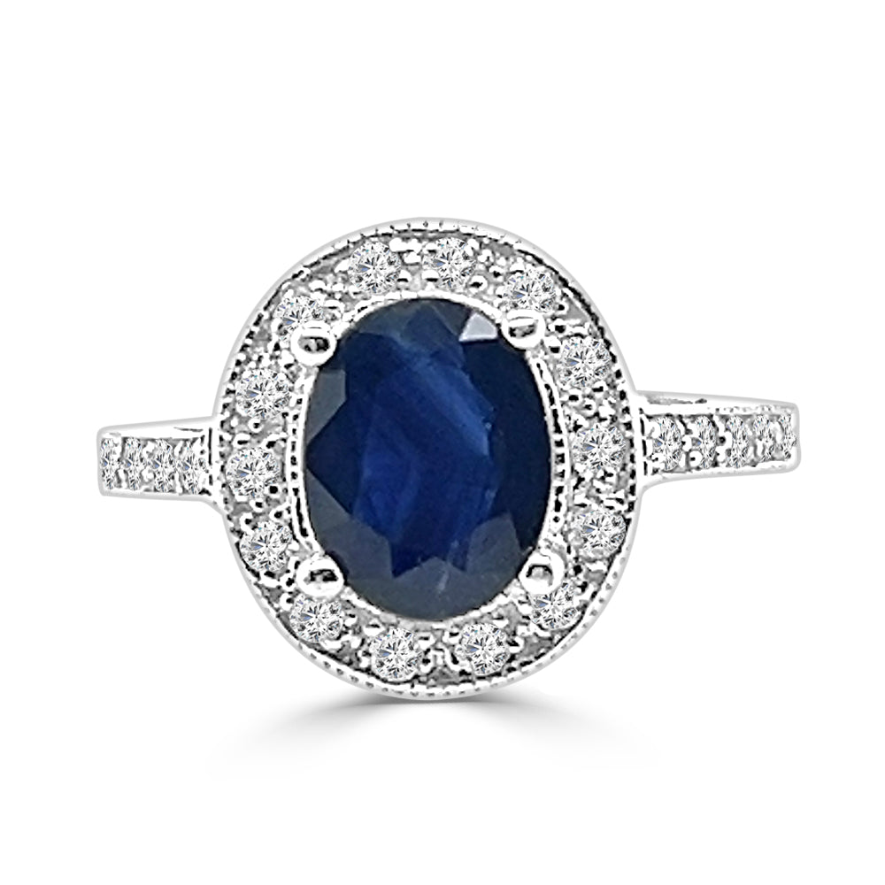 Blue Sapphire and Diamond Oval Ring in 14 Karat White Gold - 2.20 Carat