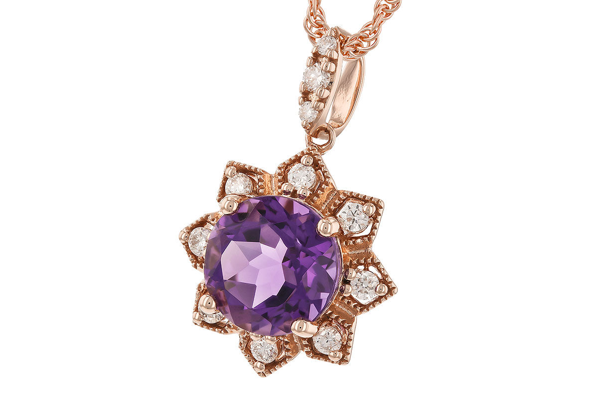 Floral Amethyst and Diamond Round Necklace in 14 Karat Rose Gold with Rope Chain