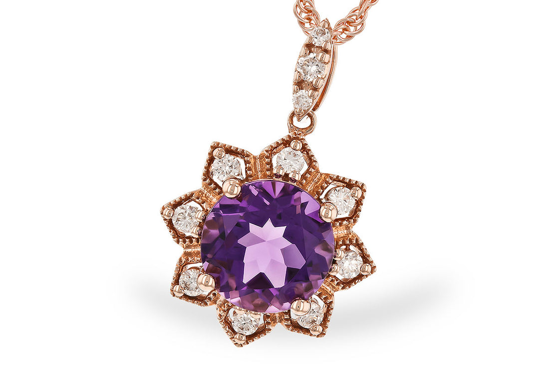 Floral Amethyst and Diamond Round Necklace in 14 Karat Rose Gold with Rope Chain