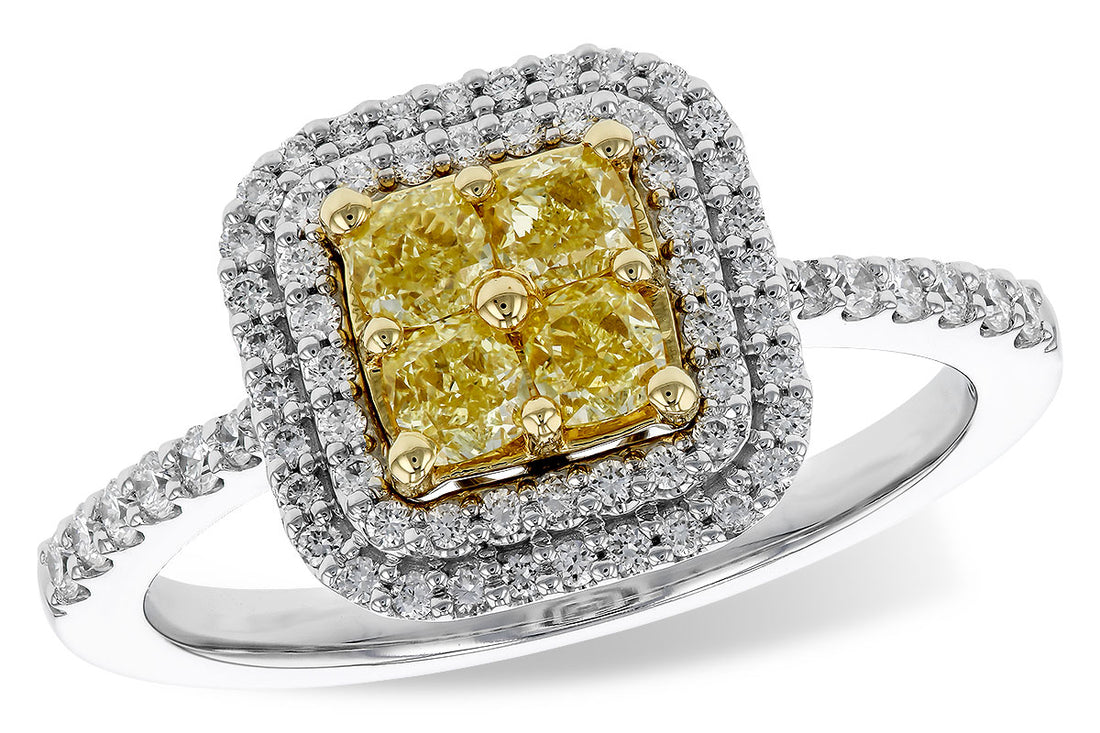 14 Karat Two-Tone Fancy Yellow Diamond Ring with Double Halo (0.52ct, Round Shape)