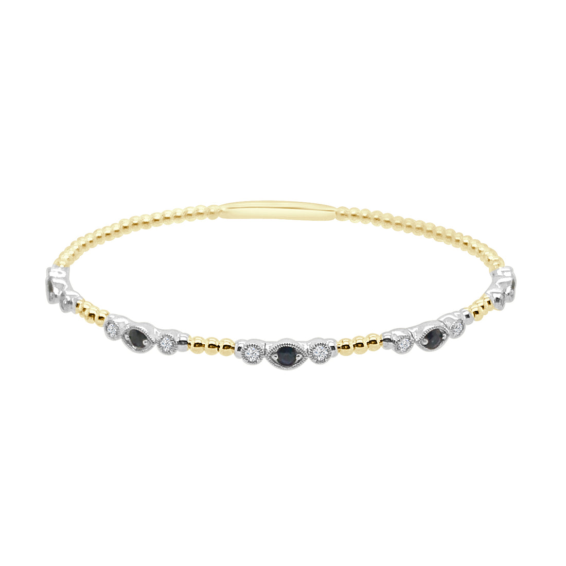 14K Two-Tone Flex Milgrain Bangle with Beaded Station & Blue Sapphire Accents (0.48 ct)