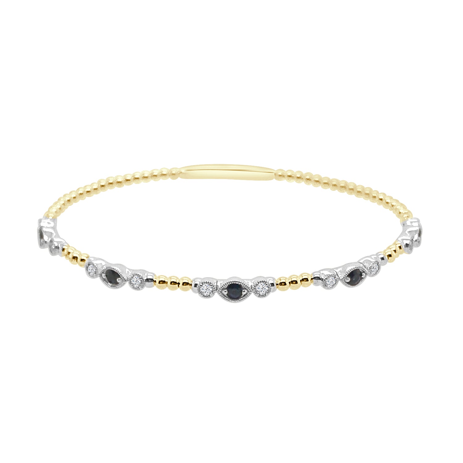 Two-Tone Bangle with Flex Milgrain &amp; Beaded Station, 14K Gold, Blue Sapphire, 0.48 ct