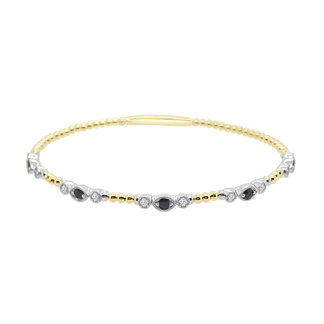 Stunning Two-Tone Blue Sapphire Flex Milgrain Bangle with Beaded Station - 14 Karat Glamour