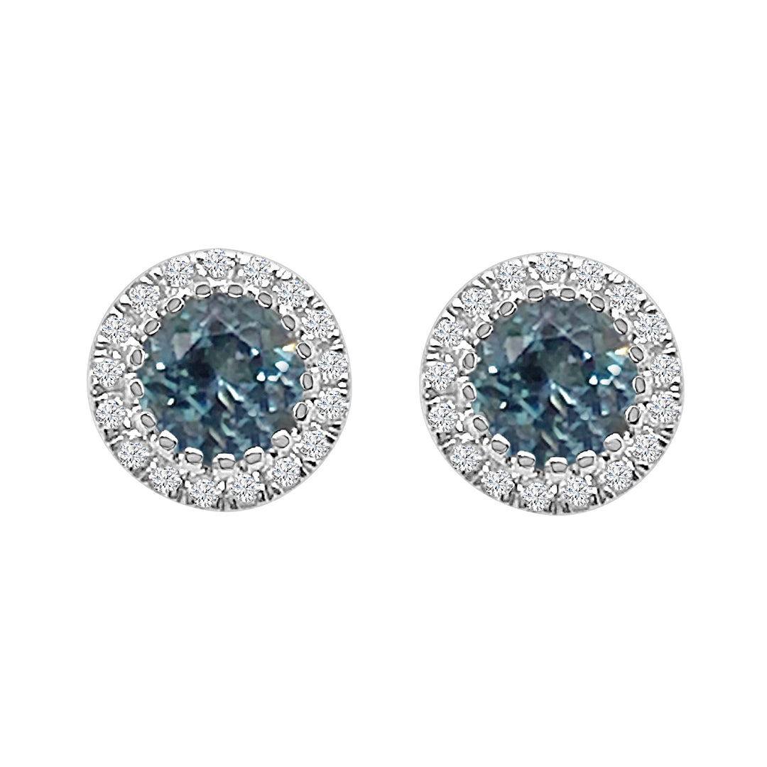 Halo Round Shape 14 Karat White Gold Earrings with Natural Diamond (0.52 ct) and Aquamarine (0.51 ct)