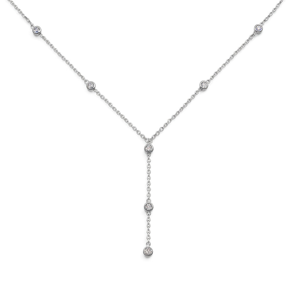 14K White Gold Round Diamond Station Lariat Necklace - 0.60 Carats