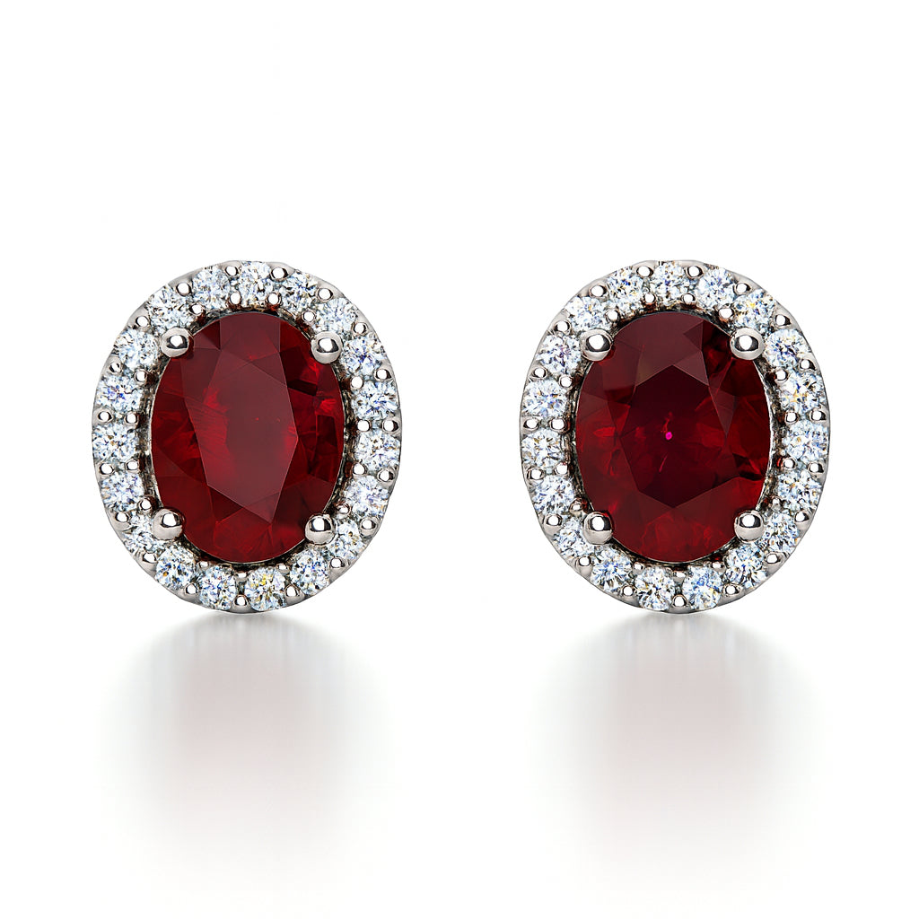 14K Yellow Gold Ruby Oval Halo Stud Earrings (0.38 ct)