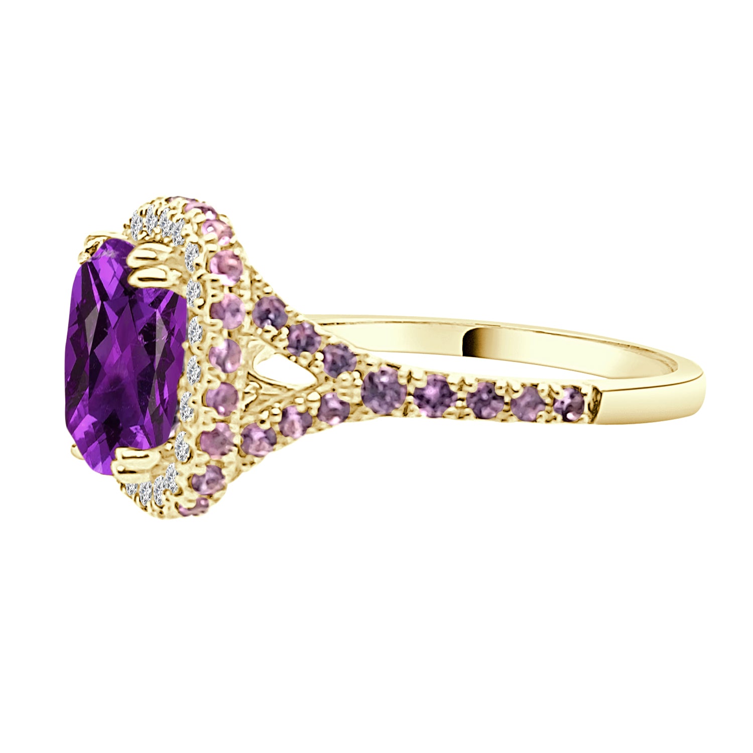 Dazzling Fancy Cushion Halo 14K Yellow Gold Ring with Amethyst - 1.73 Carats