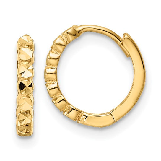 Sparkling Elegance: 14 Karat Yellow Gold Diamond Cut Hinged Hoop Earrings