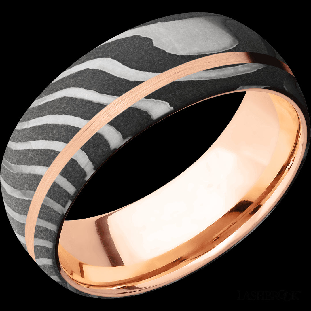 Elegant Damascus Steel Wedding Band with 14k Rose Gold Off Center Inlay and Sleeve, Size 10