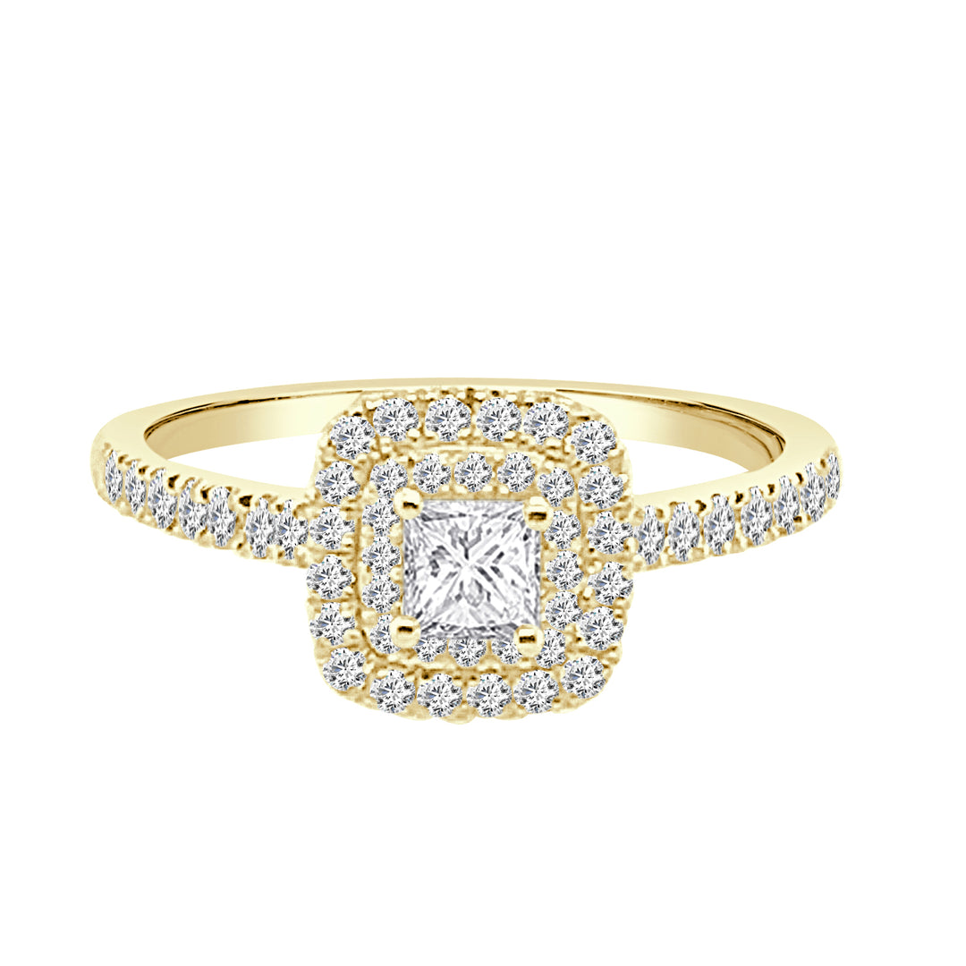 14 Karat Yellow Gold Cushion Double Diamond Engagement Ring with Princess Cut