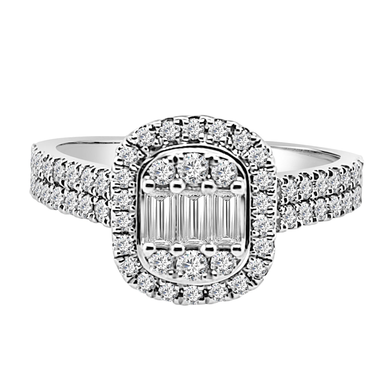 Stunning Double Row Mosaic Cushion Engagement Ring in 14K White Gold with Natural Diamond - 0.76 Carat