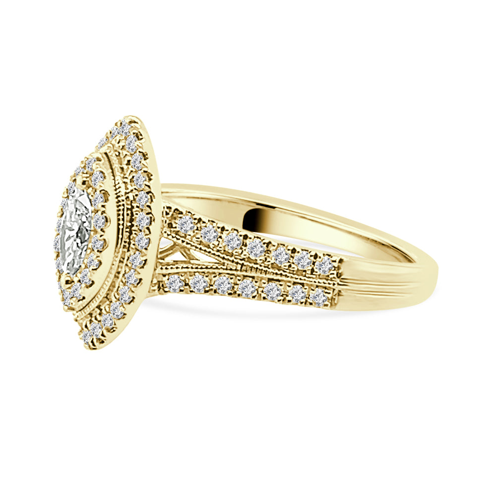 14K Yellow Gold Double Halo Marquise Diamond Engagement Ring with Milgrain Detail (0.25 ct)