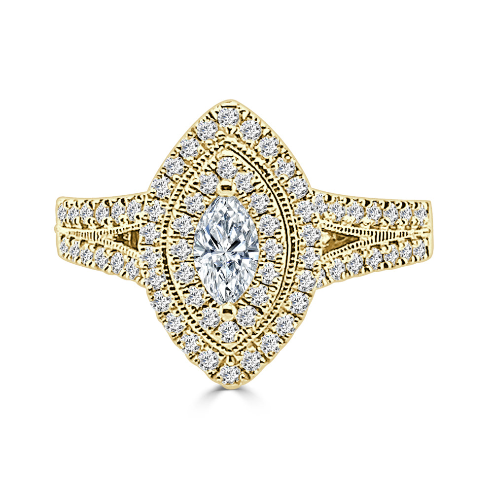 14K Yellow Gold Double Halo Marquise Diamond Engagement Ring with Milgrain Detail (0.25 ct)