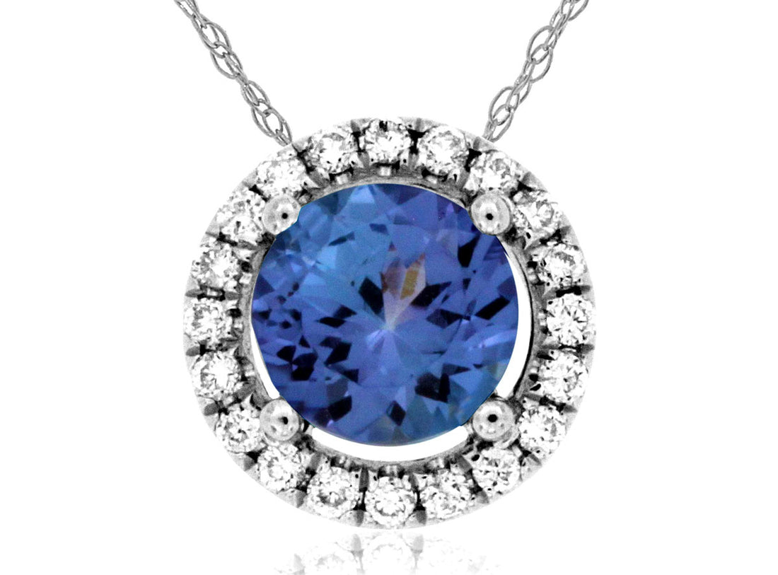 Round Tanzanite Gemstone Halo Necklace in 14 Karat White Gold with Cable Chain