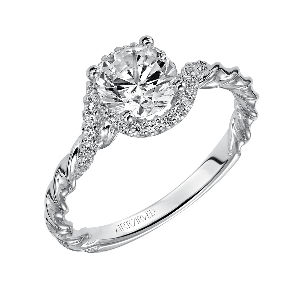 14 Karat White Gold Round Halo Engagement Mounting with Cubic Zirconia