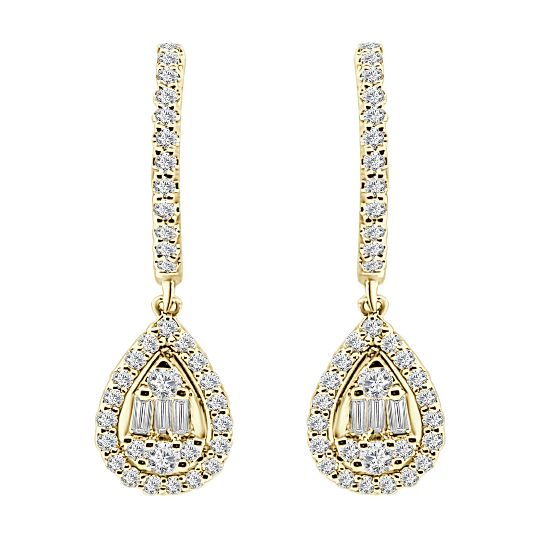 14K Yellow Gold Earrings with Mosaic Pear Halo and 0.50 ct Natural Diamond