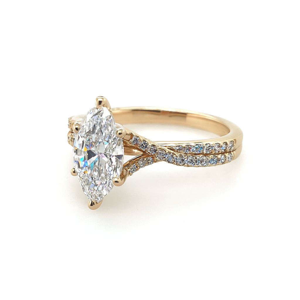 14K Yellow Gold Split Shank Engagement Ring with Marquise and Round Lab Diamond Side Stones