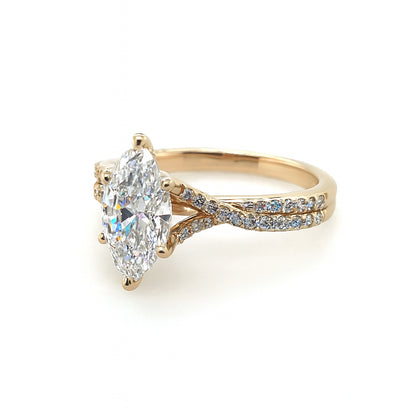 14K Yellow Gold Split Shank Engagement Ring with Marquise and Round Lab Diamond Side Stones