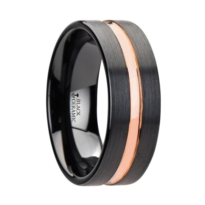 Elegant Venice Black Ceramic Wedding Band with Rose Inlay