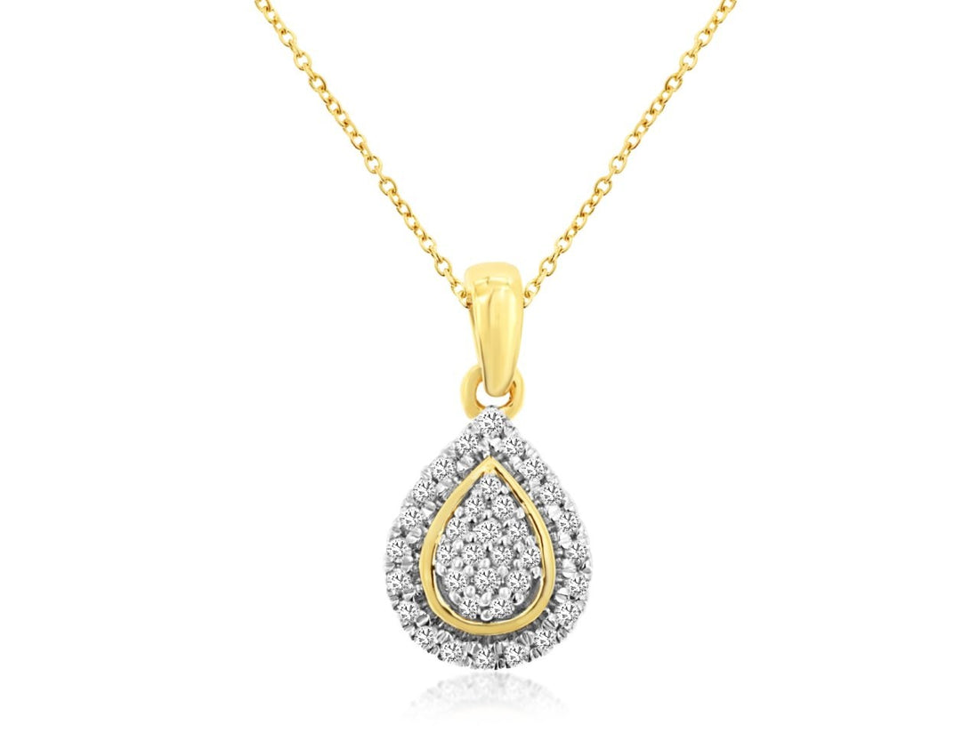14K Yellow Gold Pear Shaped Cluster Necklace with Halo Featuring Round Natural Diamond on Cable Chain