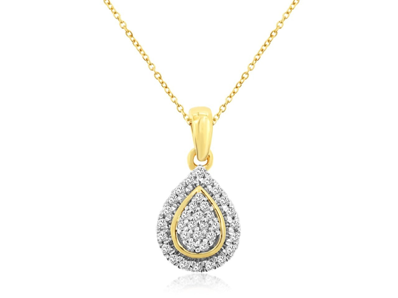 14K Yellow Gold Pear Shaped Cluster Necklace with Halo Featuring Round Natural Diamond on Cable Chain