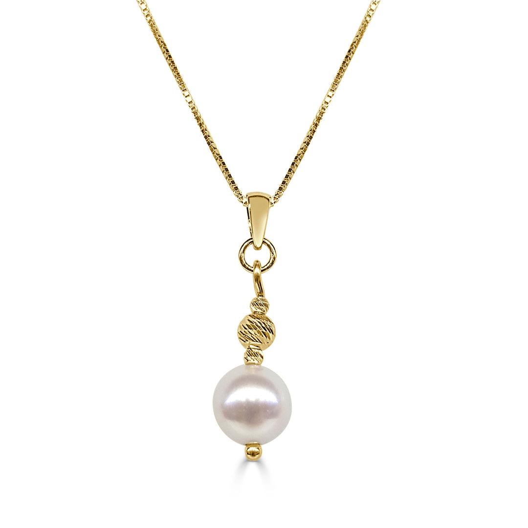 D/c Bead Drop Pearl Necklace in 14 Karat Yellow Gold