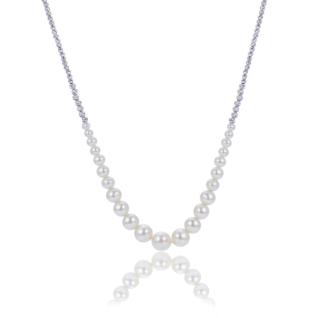 Stunning Sterling Silver Pearl Necklace with D/c Bead &amp; Graduated Design