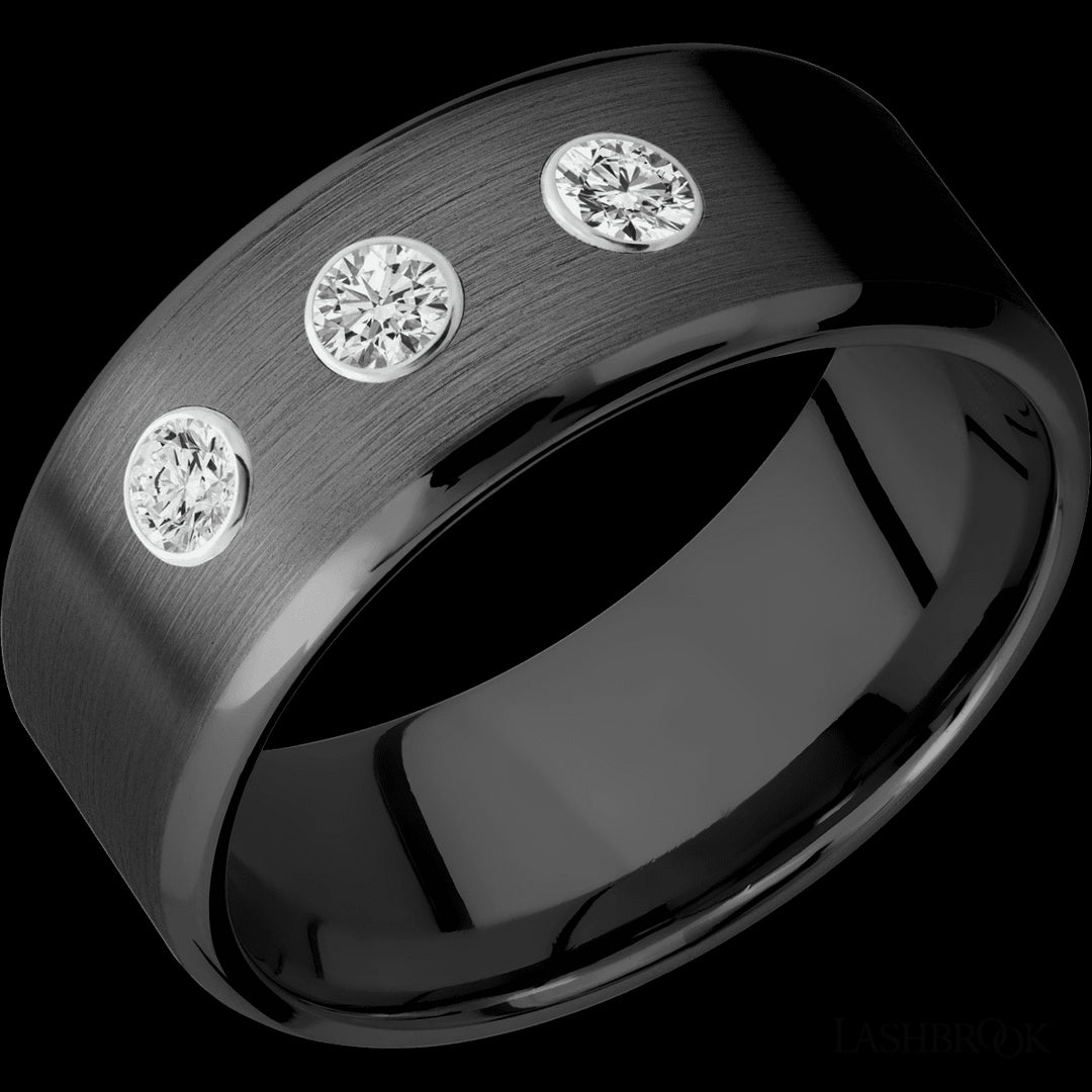 Dazzling Bvld 3 Stone Wedding Band in Zirconium with Lab Diamond - Size 10