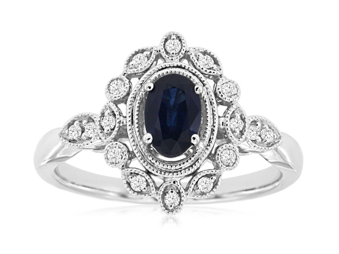 Oval Blue Sapphire and Diamond Filigree Ring in 14K White Gold for Ladies