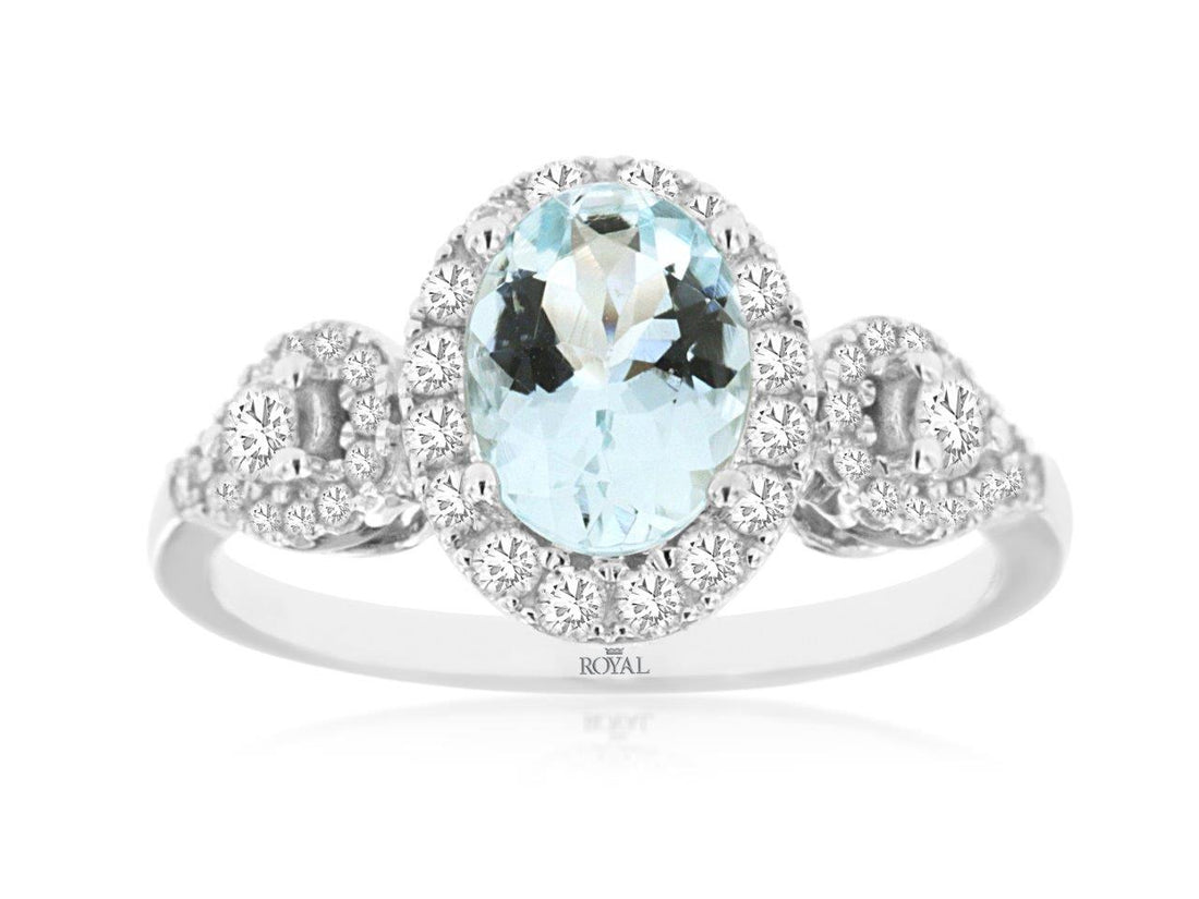 Sure, how about: Ladies 14K White Gold Oval Halo Ring with Aquamarine Gemstone and Natural Diamond Accents