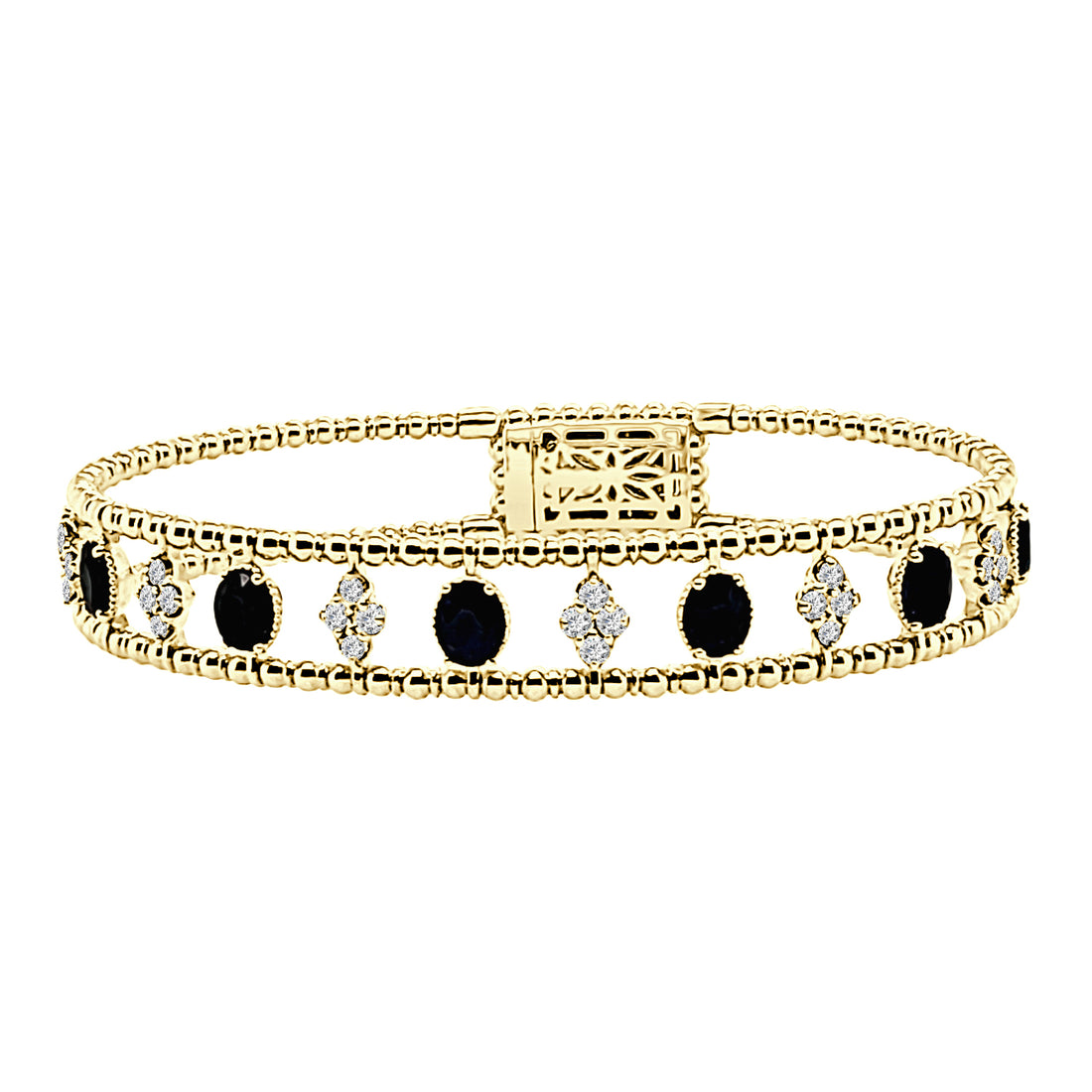 14 Karat Yellow Gold Beaded Bangle with Oval Blue Sapphire - 3.30 Carats