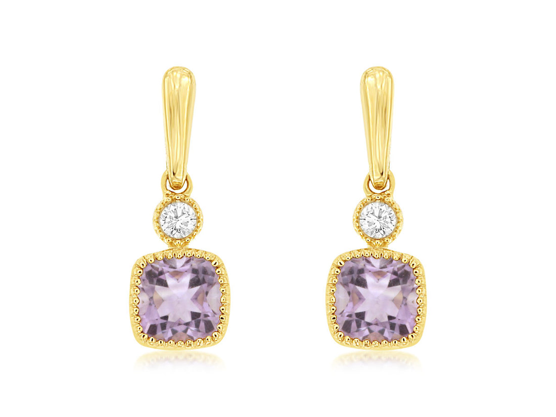 14 Karat Yellow Gold Beaded Halo Amethyst Cushion Shape Earrings - 0.30 Carat