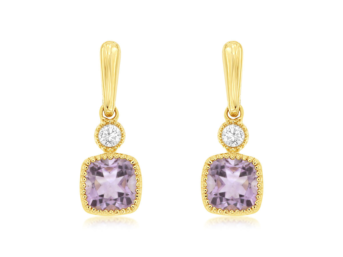 Exquisite 14 Karat Yellow Gold Beaded Halo Earrings with Amethyst Cushion Shape - 0.30 Carat