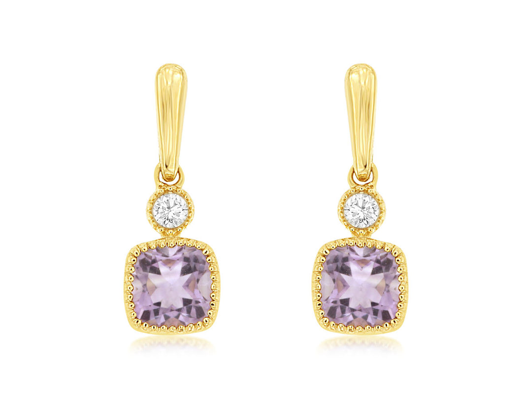 14 Karat Yellow Gold Cushion Shape Beaded Halo Amethyst Earrings - 0.30 Ct