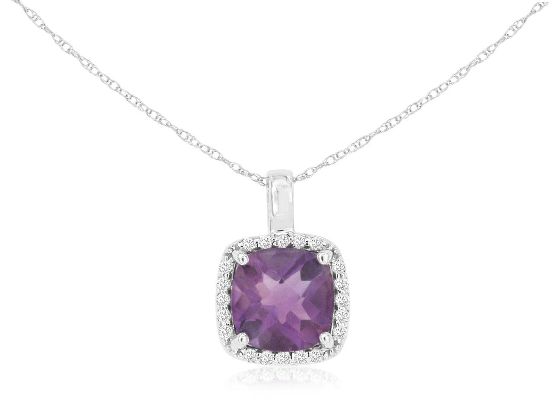 14K White Gold Amethyst and Diamond Pendant Necklace with Cushion Shape, 2.20 Carats