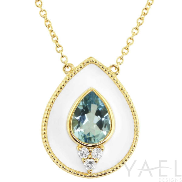 Aquamarine Regalia White Enamel Pear Halo Necklace in 14 Karat Yellow Gold (1.00)