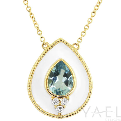 Aquamarine Regalia White Enamel Pear Halo Necklace in 14 Karat Yellow Gold (1.00)