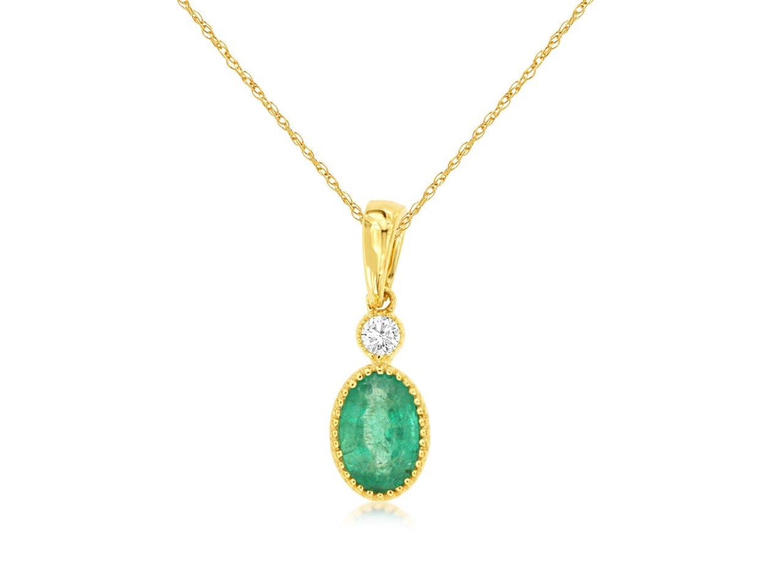 14K Yellow Gold Cable Necklace with Beaded Bezel Oval Emerald and Natural Diamond Accents
